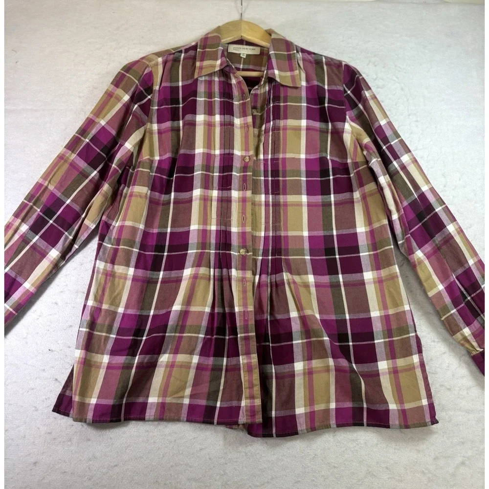 Jones New York Sport Button Front Women's M Magenta Plaid Flannel Shirt L/SL